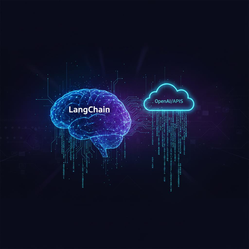 Ilustração técnica representando tecnologia relacionado a LLM e IA: Domine a Integração com LangChain e Open
