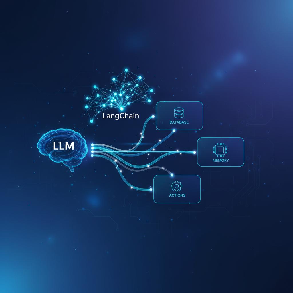 Ilustração técnica representando tecnologia relacionado a Dominando LLMs: Do Básico ao LangChain com OpenAI