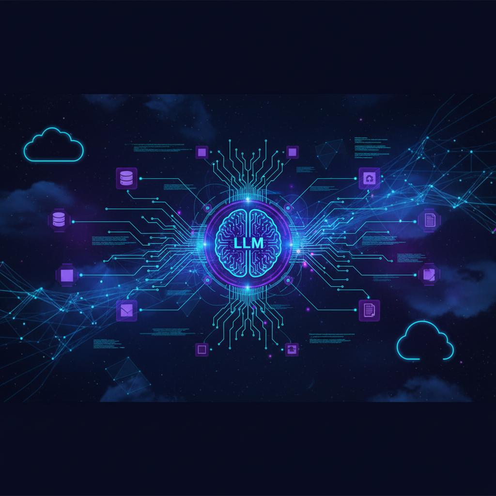 Ilustração técnica representando tecnologia relacionado a LLM e IA: Guia Prático de Implementação com LangCh