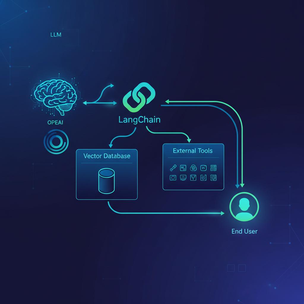 Ilustração técnica representando tecnologia relacionado a LLM e AI: Guia Prático para Aplicações com LangCha
