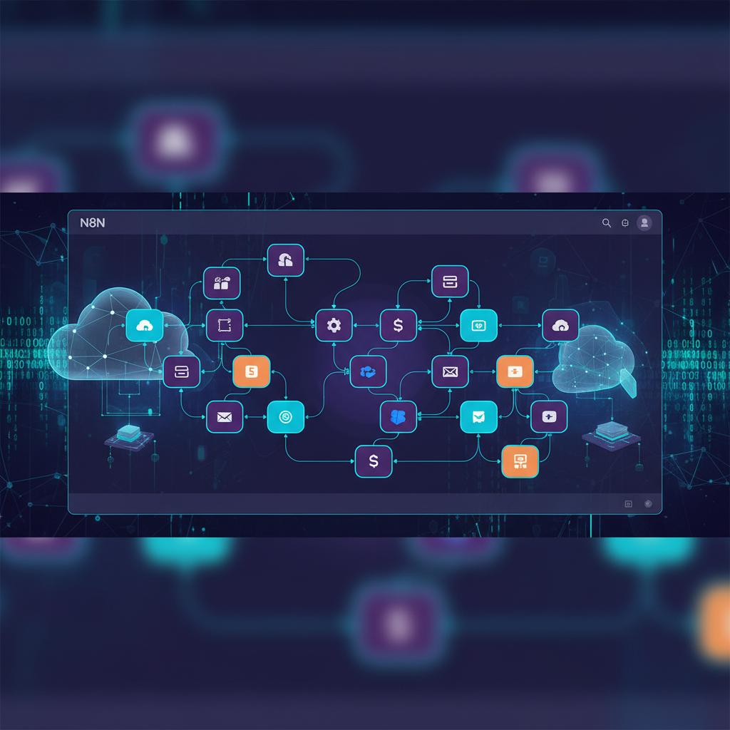 Ilustração técnica representando tecnologia relacionado a N8N: Domine a Automação sem Código (Workflow Compl