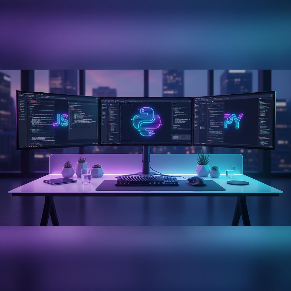 Ilustração técnica representando tecnologia relacionado a Guia de Programação 2026: Python, JavaScript e Dic