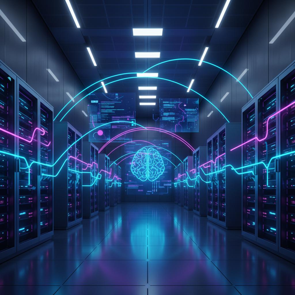 Ilustração técnica representando tecnologia relacionado a LLM: Como implementar Inteligência Artificial na s incluindo OpenAI