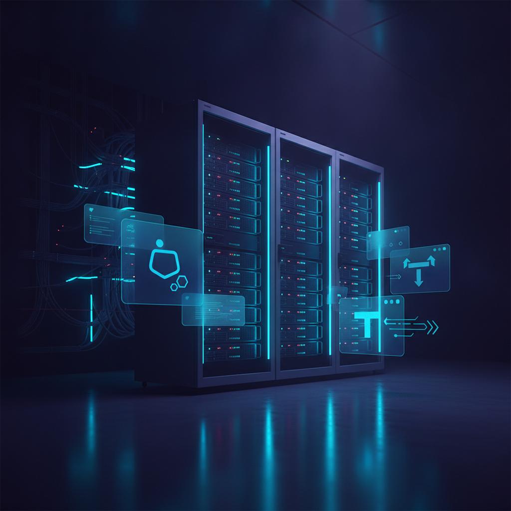 Ilustração técnica representando tecnologia relacionado a Gerenciamento de Servidor: EasyPanel ou cPanel em  incluindo Tra...