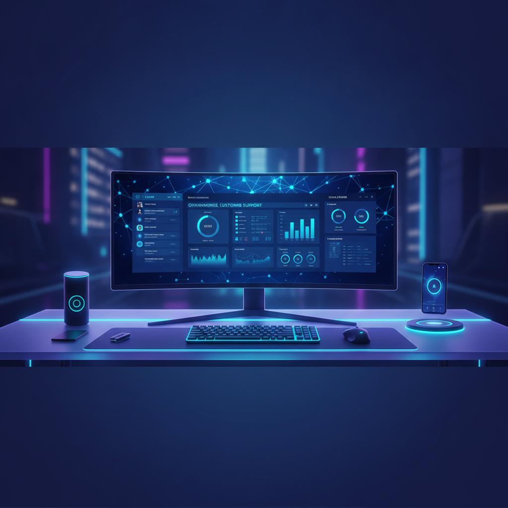 Ilustração técnica representando tecnologia relacionado a Suporte Omnichannel: Como Escolher a Melhor Stack  incluindo Cha...