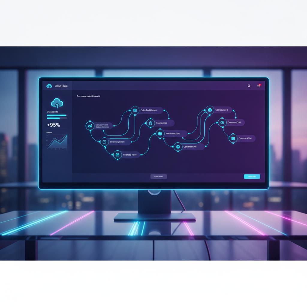 Ilustração técnica representando tecnologia relacionado a E-commerce: Automatizando Fluxos de Vendas com N8N incluindo eco...
