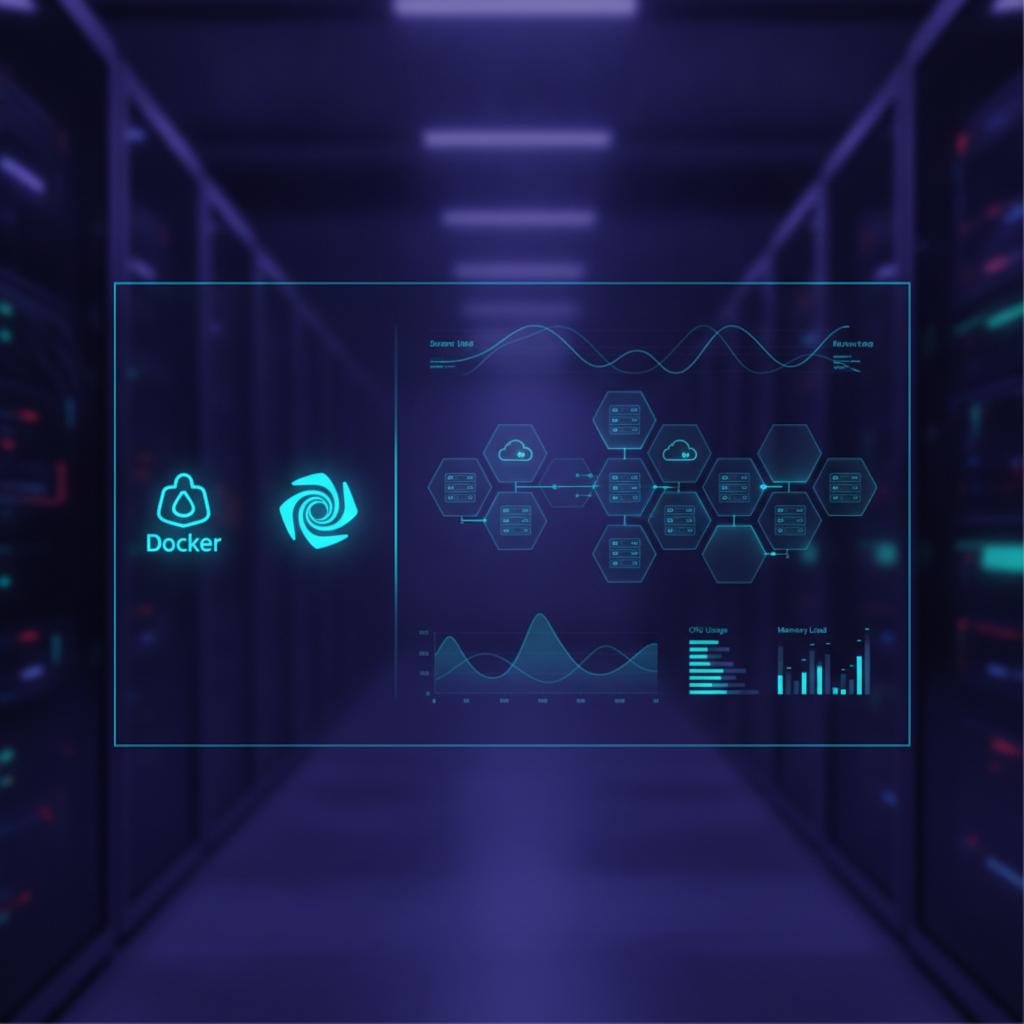 Ilustração técnica representando tecnologia relacionado a Server Management: EasyPanel e Monitoramento Avanç incluindo Tra...