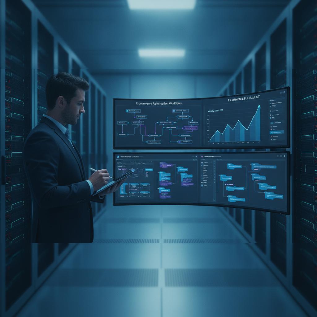 Ilustração técnica representando tecnologia relacionado a Erros Críticos em E-commerce Automation e Como Evi incluindo N8N