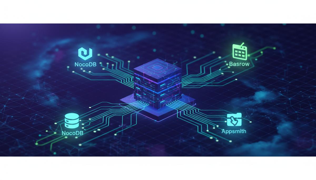 Ilustração técnica representando tecnologia relacionado a Hospede No-Code Tools: Rápido em VPS Linux incluindo low-code