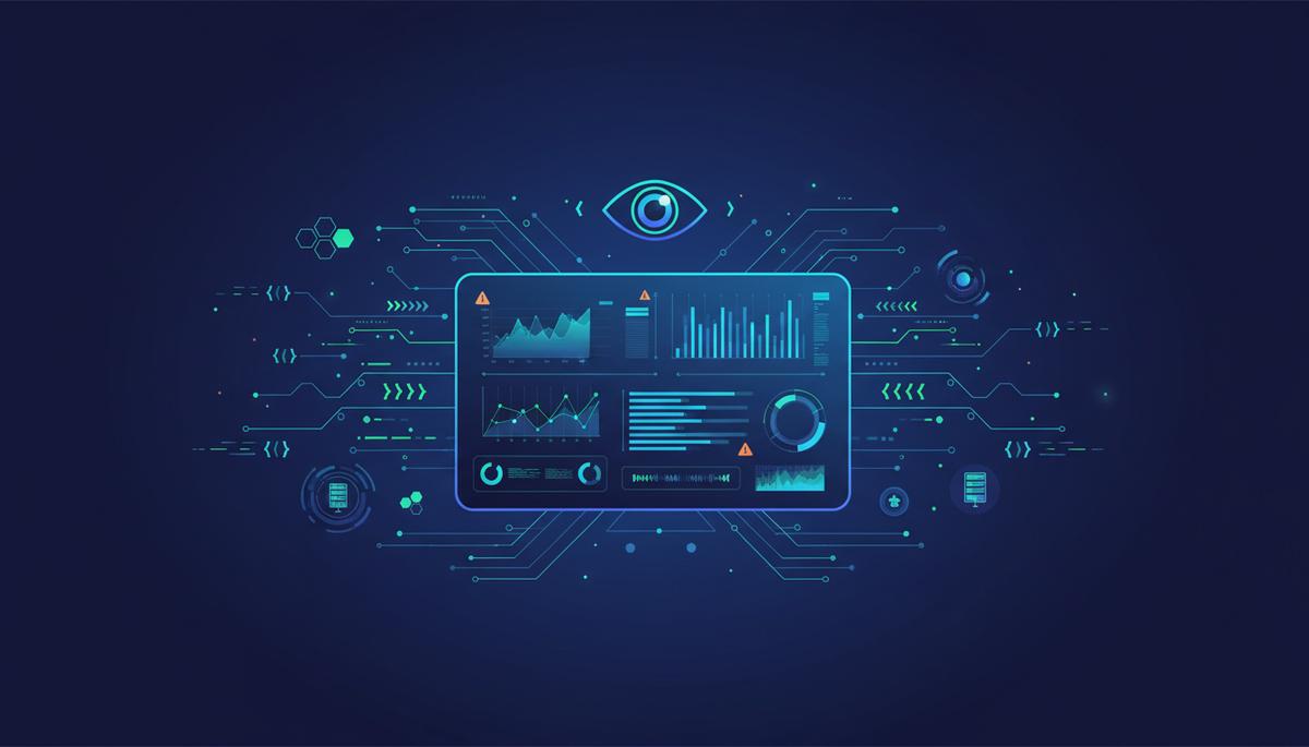 Ilustração técnica representando tecnologia relacionado a Sistema de Monitoramento: Visibilidade Total do Se incluindo mon...
