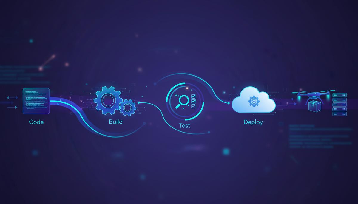 Ilustração técnica representando tecnologia relacionado a CI/CD: Introdução Essencial à Automação e Deploy C incluindo Git...