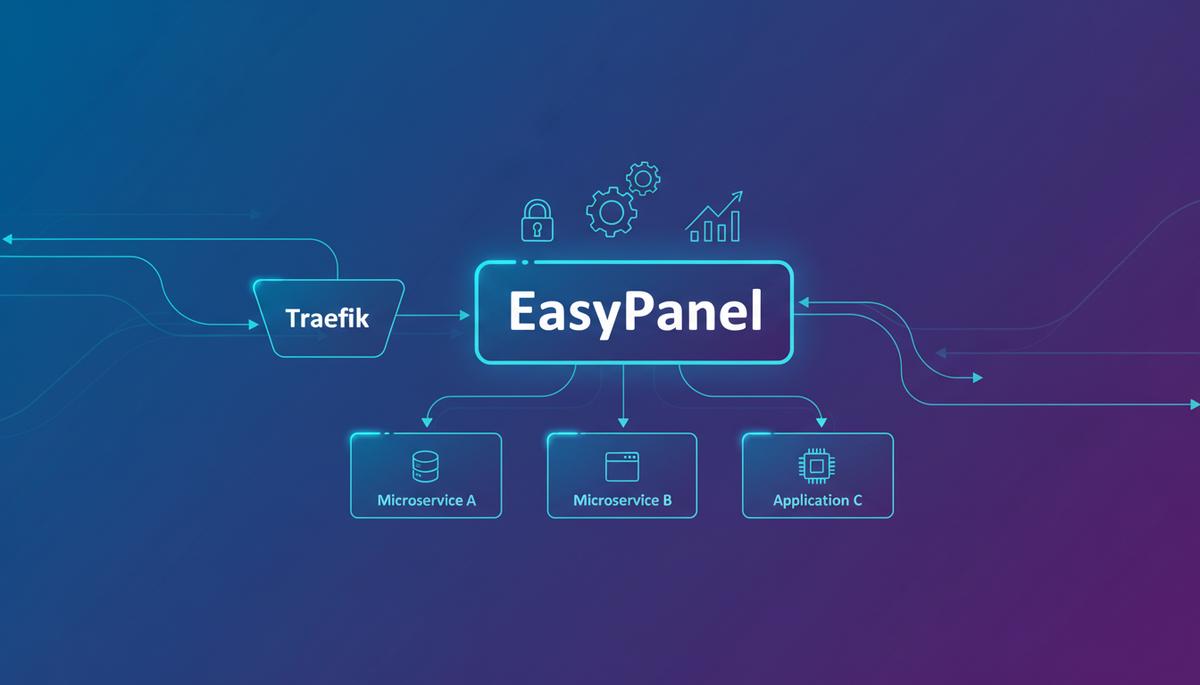 Ilustração técnica representando tecnologia relacionado a Gerencie Servidores: EasyPanel + Traefik p/ Profis incluindo ser...