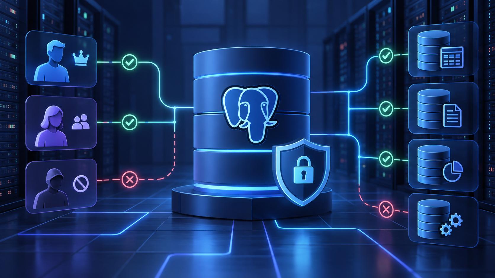 Ilustração técnica sobre PostgreSQL: Roles com Menor Privilégio