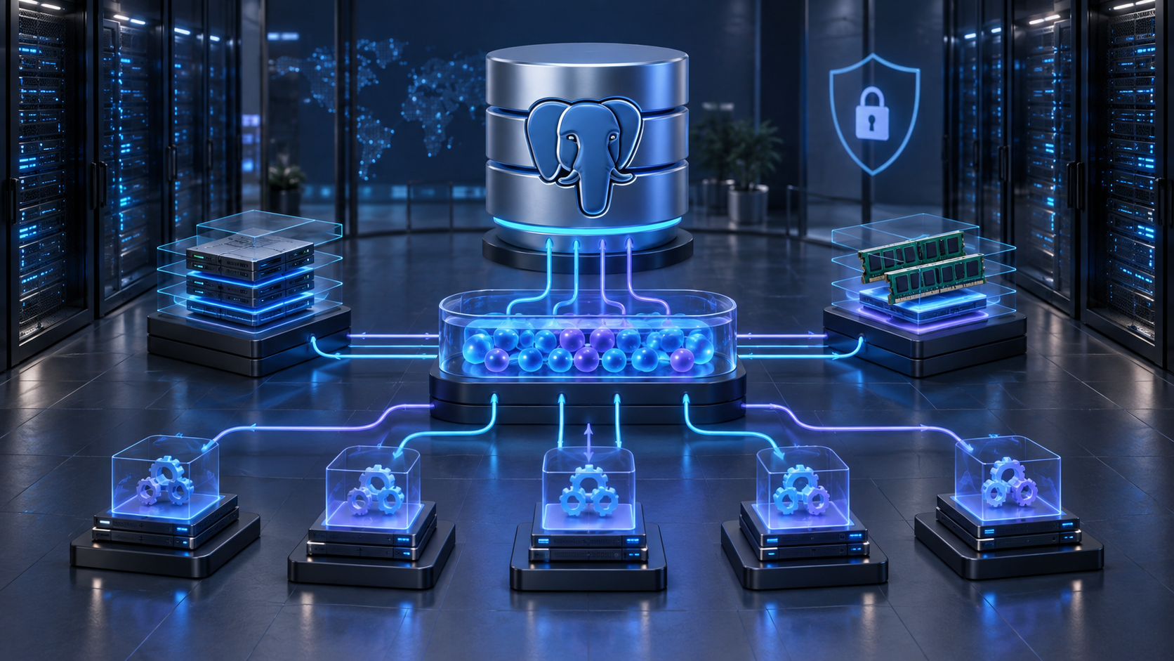 Ilustração técnica sobre PostgreSQL: conexões e pool em uma VPS