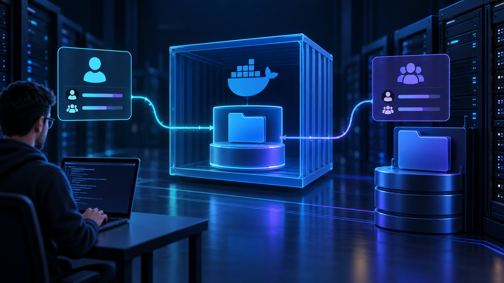 Ilustração técnica sobre Docker Volumes: Corrija Dono e Permissões