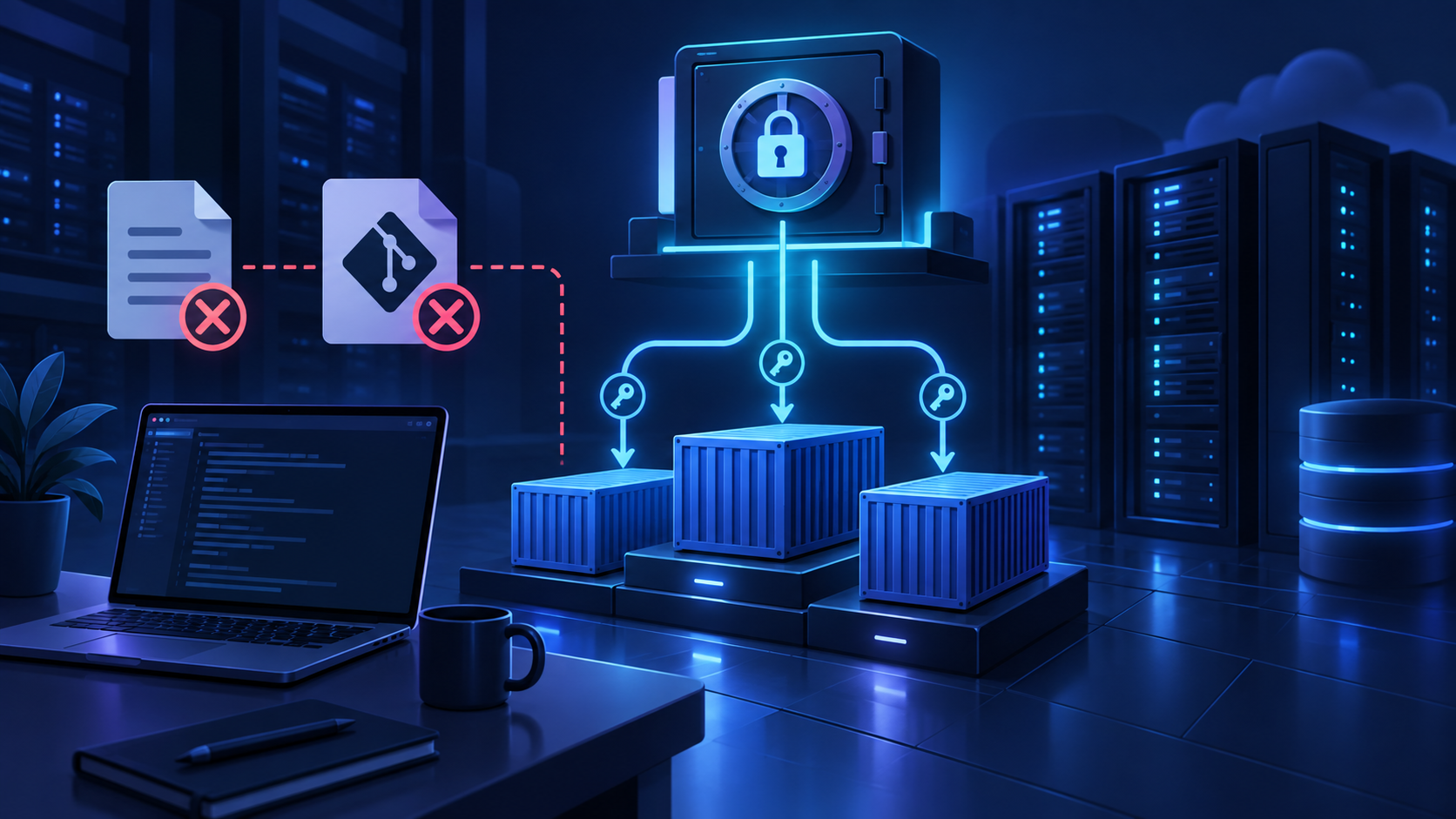 Ilustração técnica sobre Docker Compose: Segredos Fora do .env