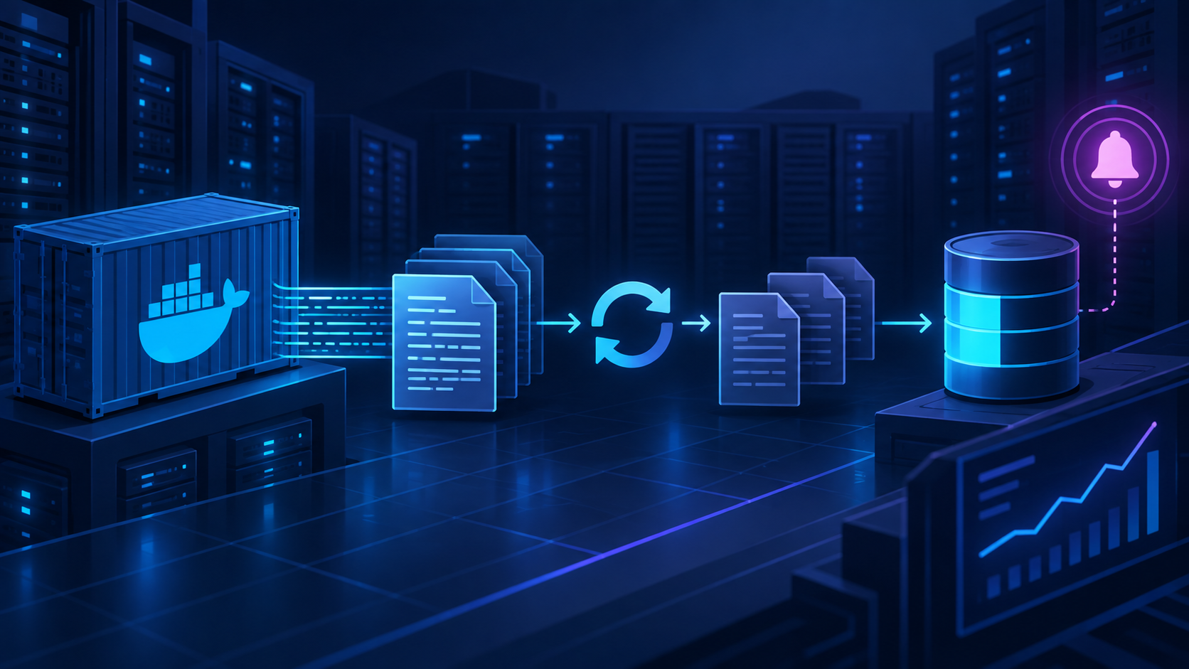 Ilustração técnica sobre Rotação de Logs Docker sem Encher o Disco