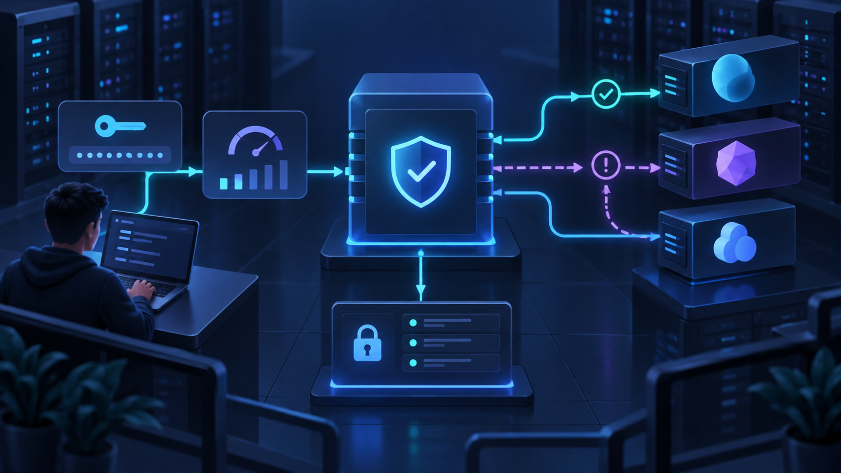 Ilustração técnica sobre Flowise em VPS: Separe API, Dados e Proxy