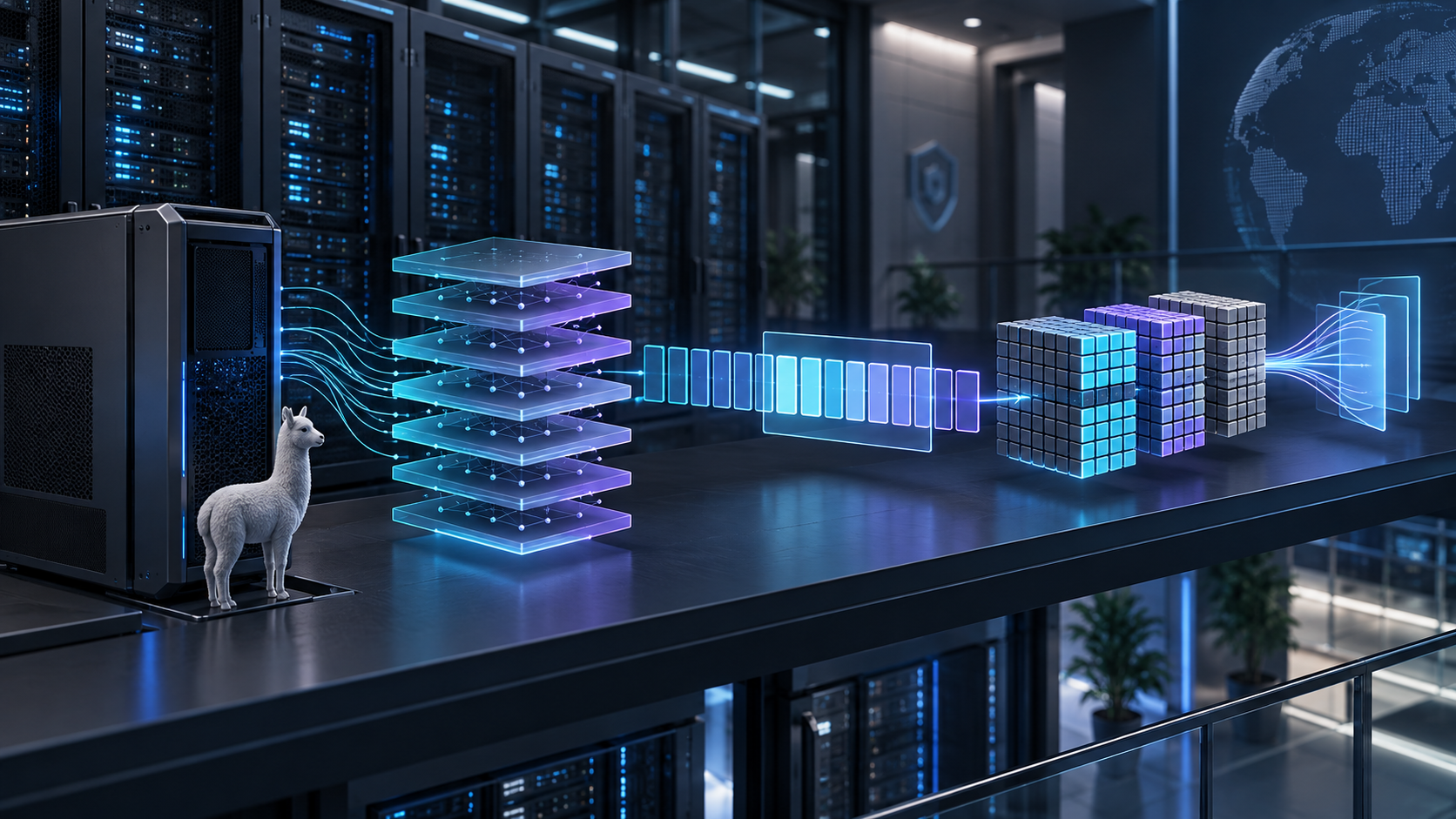 Ilustração técnica sobre LiteLLM Gateway: Chaves, Quotas e Fallback