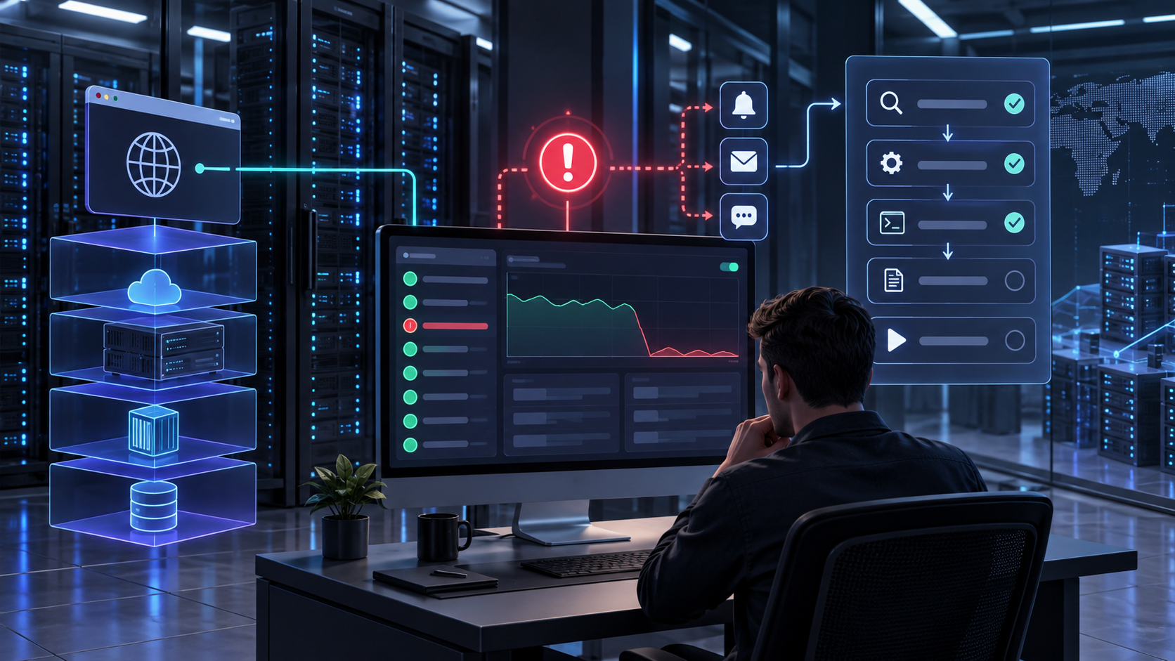 Ilustração técnica sobre WordPress em VPS: logs, alertas e observabilidade