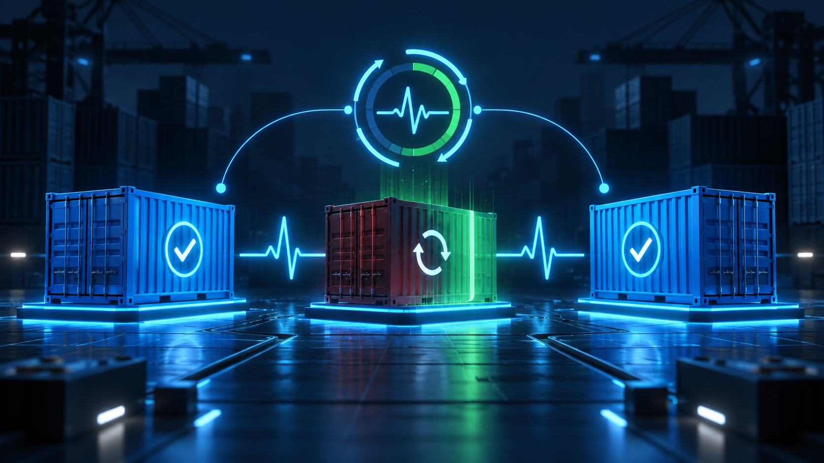 Ilustração técnica sobre Docker Compose: healthcheck e recuperação de serviços