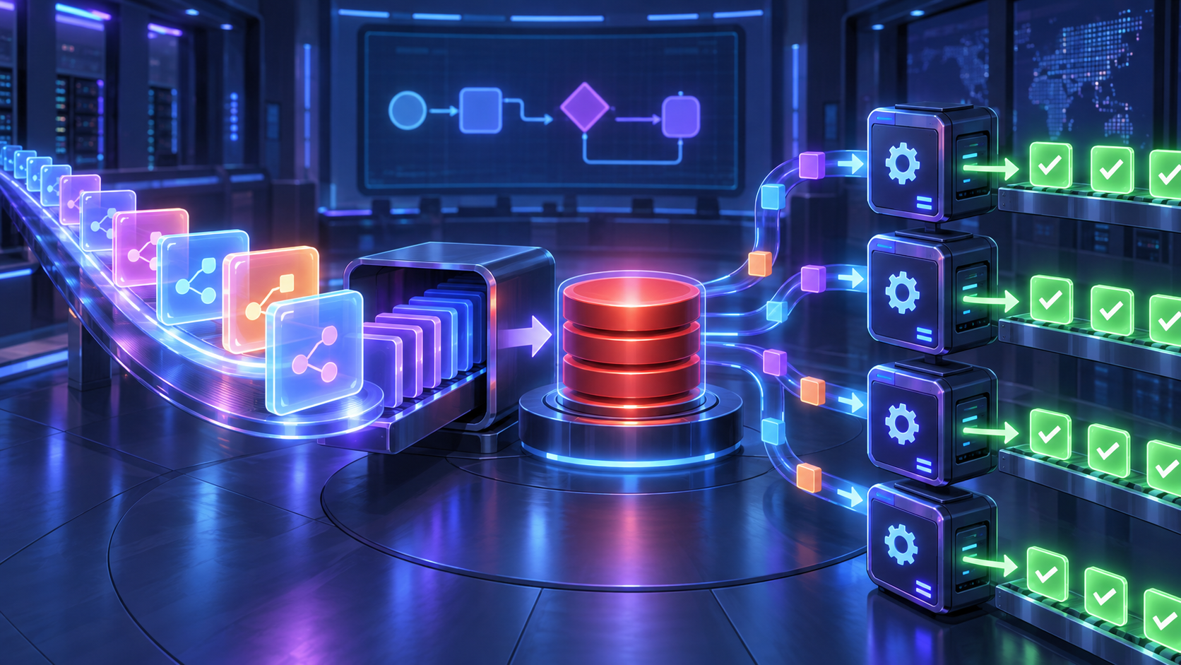 Ilustração técnica sobre n8n em queue mode: Redis, workers e dimensionamento