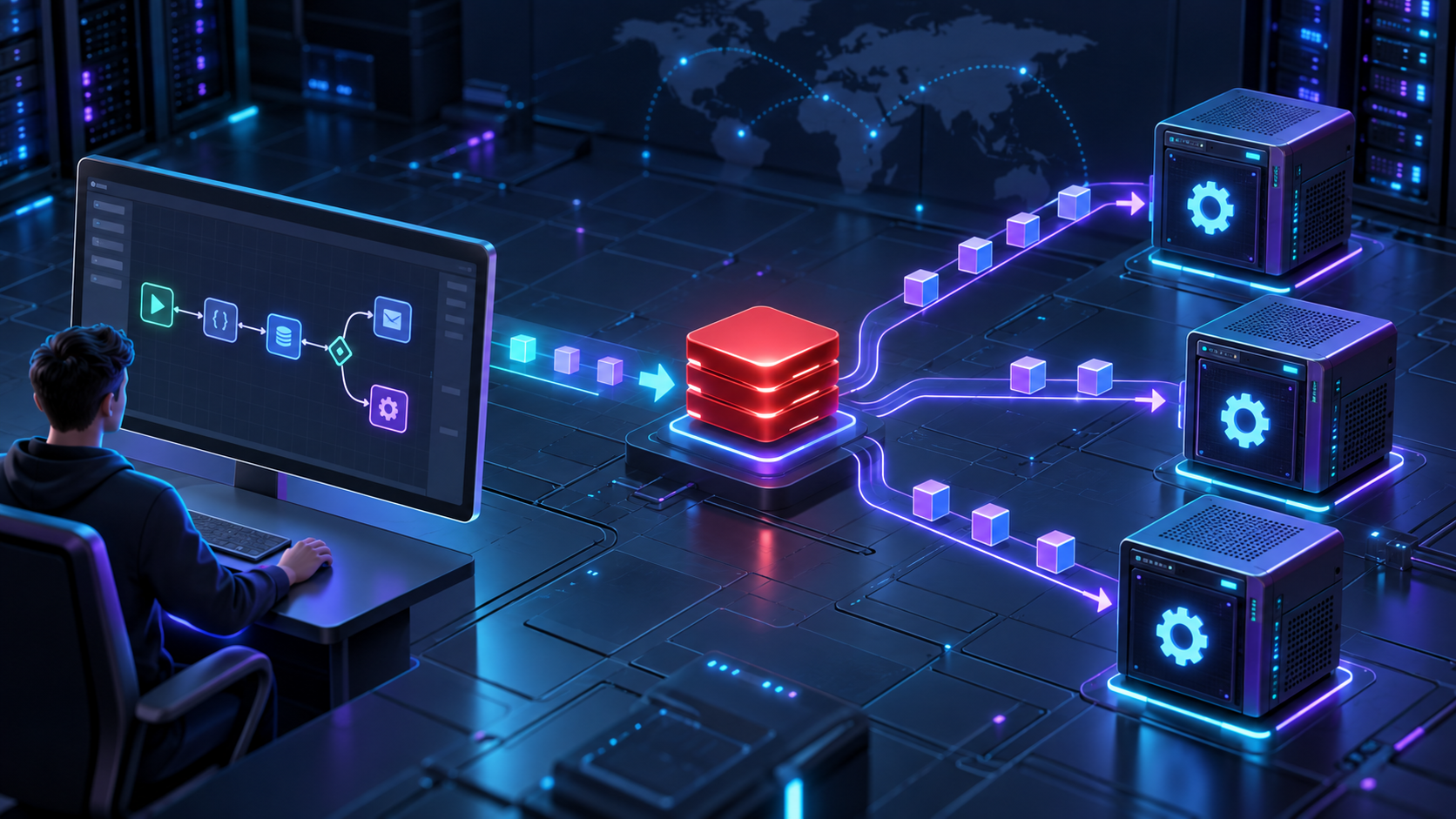 Ilustração técnica sobre n8n queue mode Redis em uma VPS
