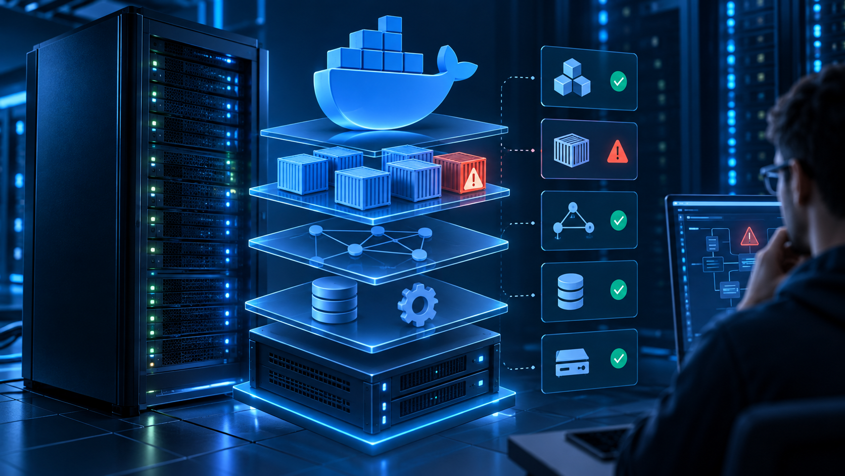 Ilustração sobre Docker Compose em VPS: diagnóstico de falhas por camadas