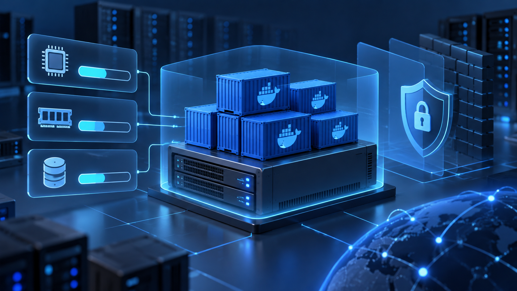 Ilustração sobre Docker Compose em VPS: limites de CPU, RAM e disco