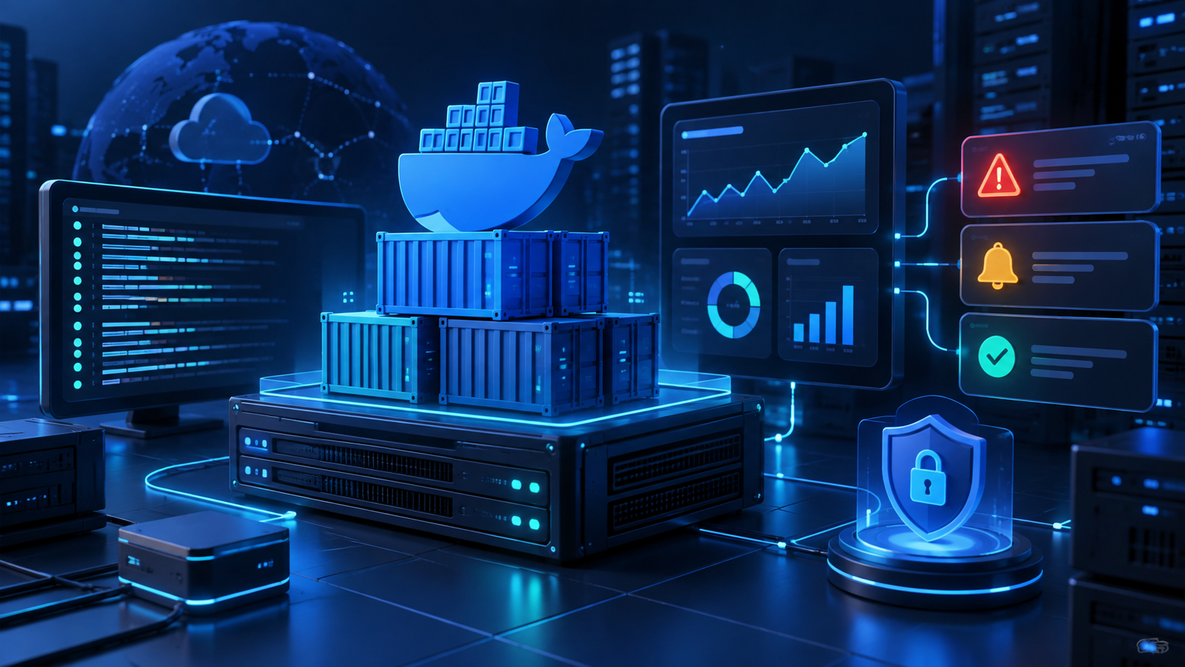 Ilustração sobre Docker Compose em VPS: logs, alertas e observabilidade