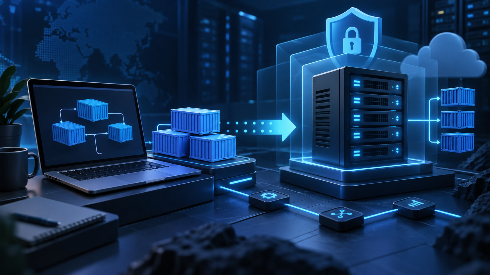 Ilustração sobre Docker Compose em VPS: plano de migração sem sustos