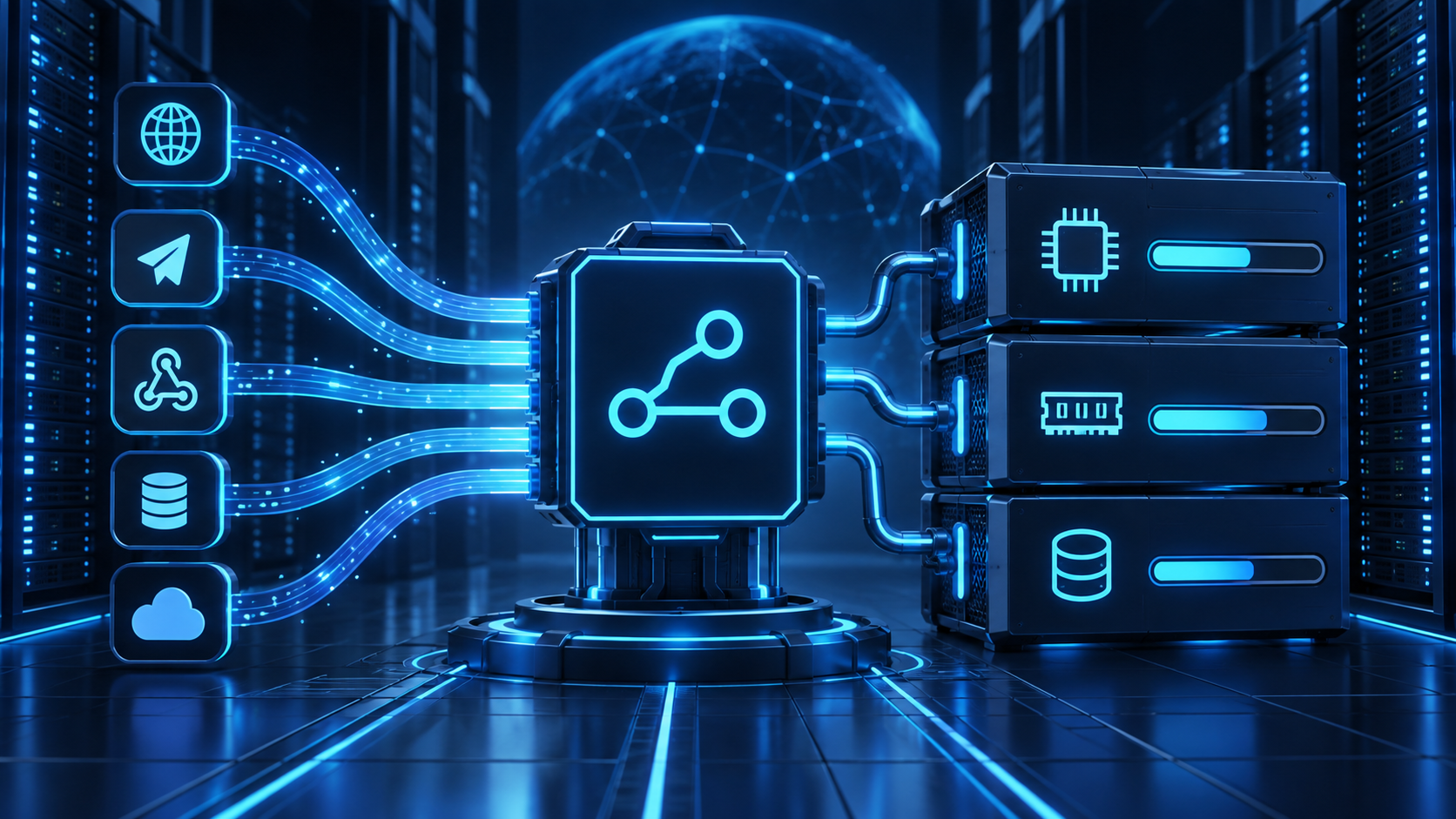 Ilustração sobre n8n com webhooks: limites de CPU, RAM e disco