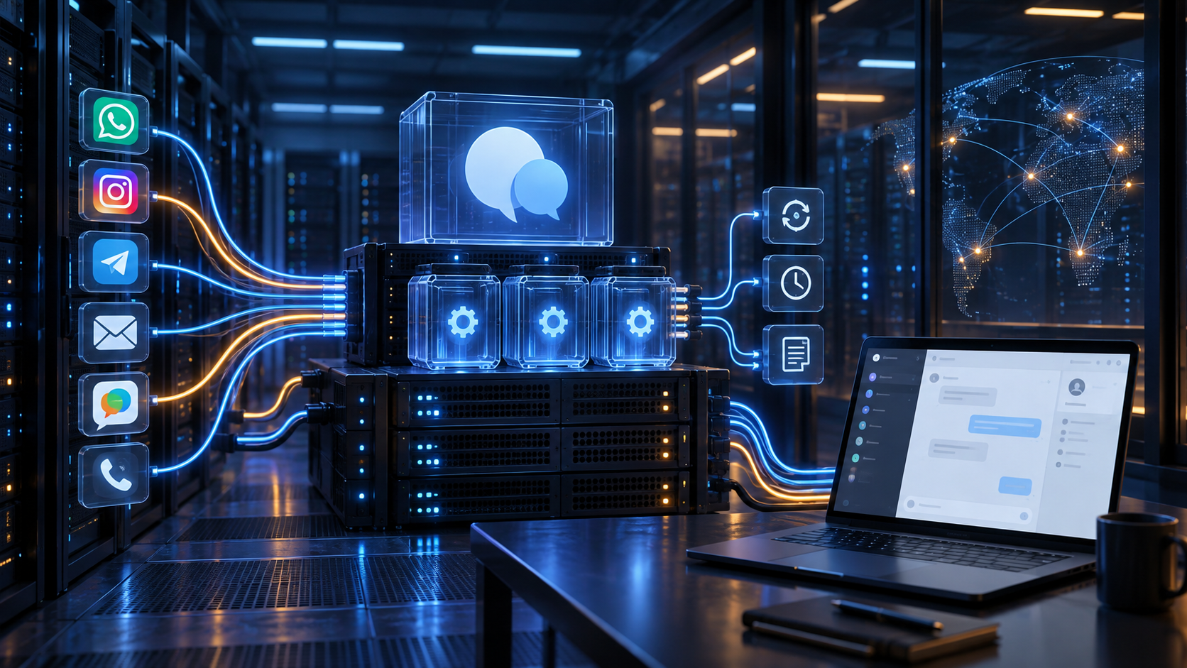 Ilustração técnica sobre Chatwoot em VPS: Filas, E-mail e Observabilidade