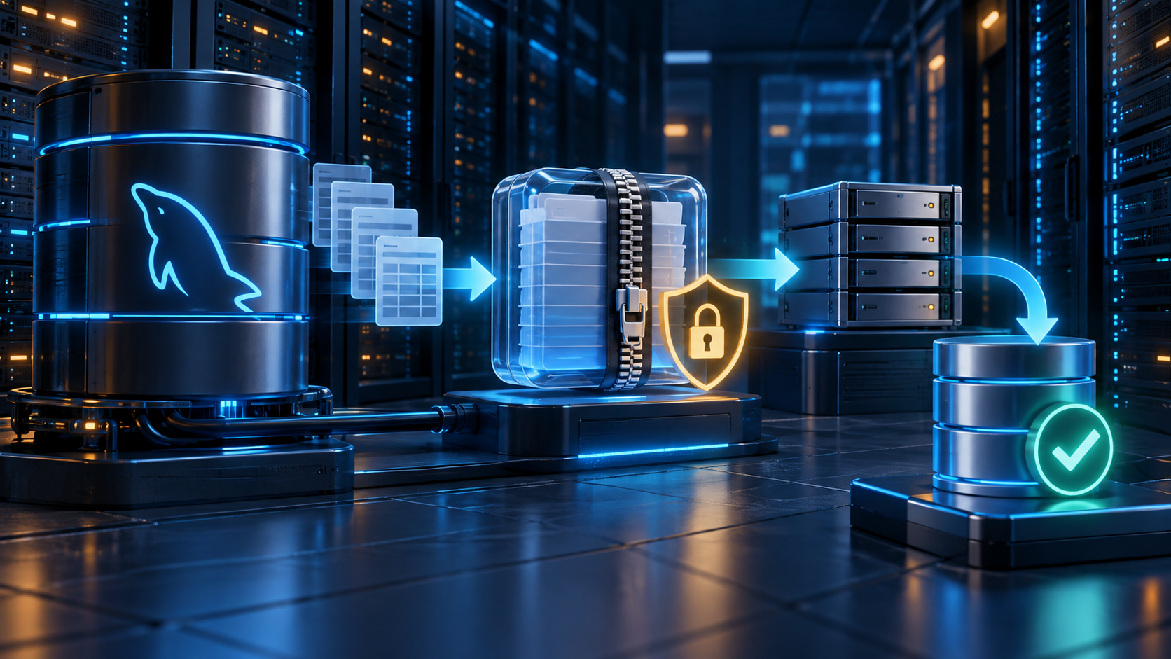 Ilustração técnica sobre Backup MySQL na VPS: Dump, Compressão e Teste