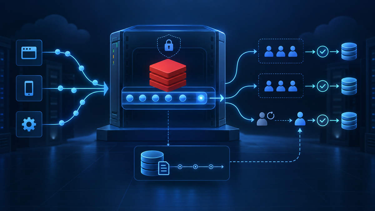 Ilustração técnica sobre Redis Streams: filas confiáveis em VPS