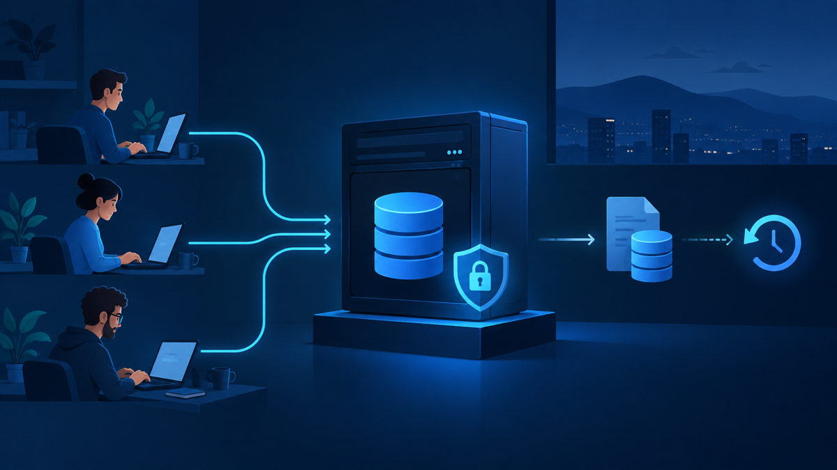 Ilustração técnica sobre SQLite em VPS: quando um arquivo basta