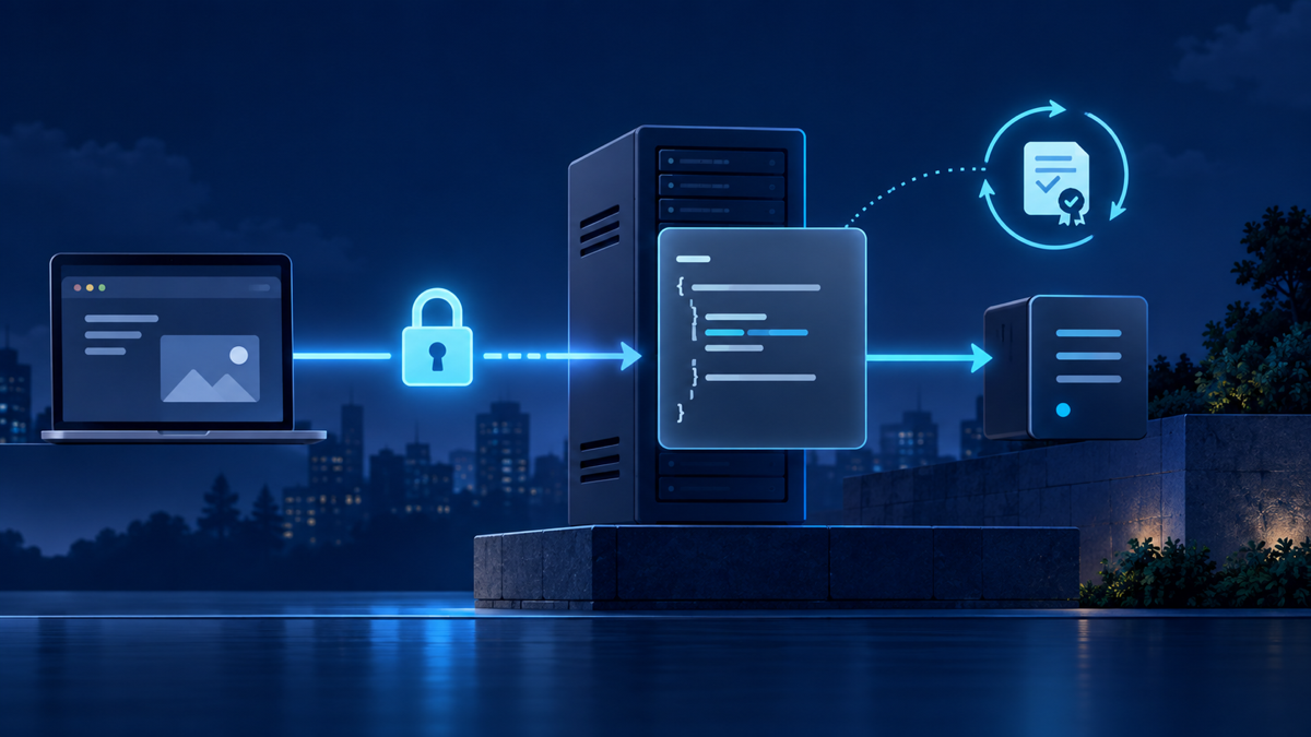 Ilustração técnica sobre Caddy em VPS: HTTPS com configuração legível