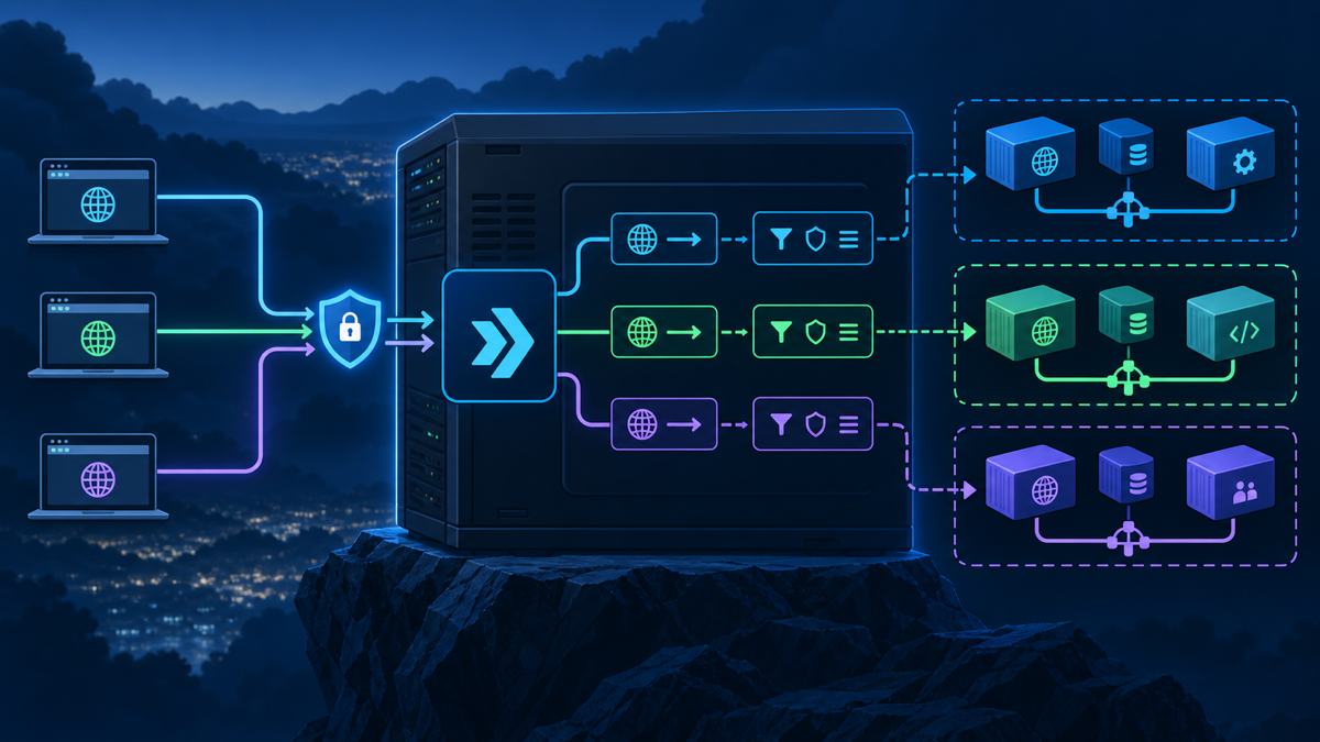 Ilustração técnica sobre Traefik: rotas Docker sem expor tudo