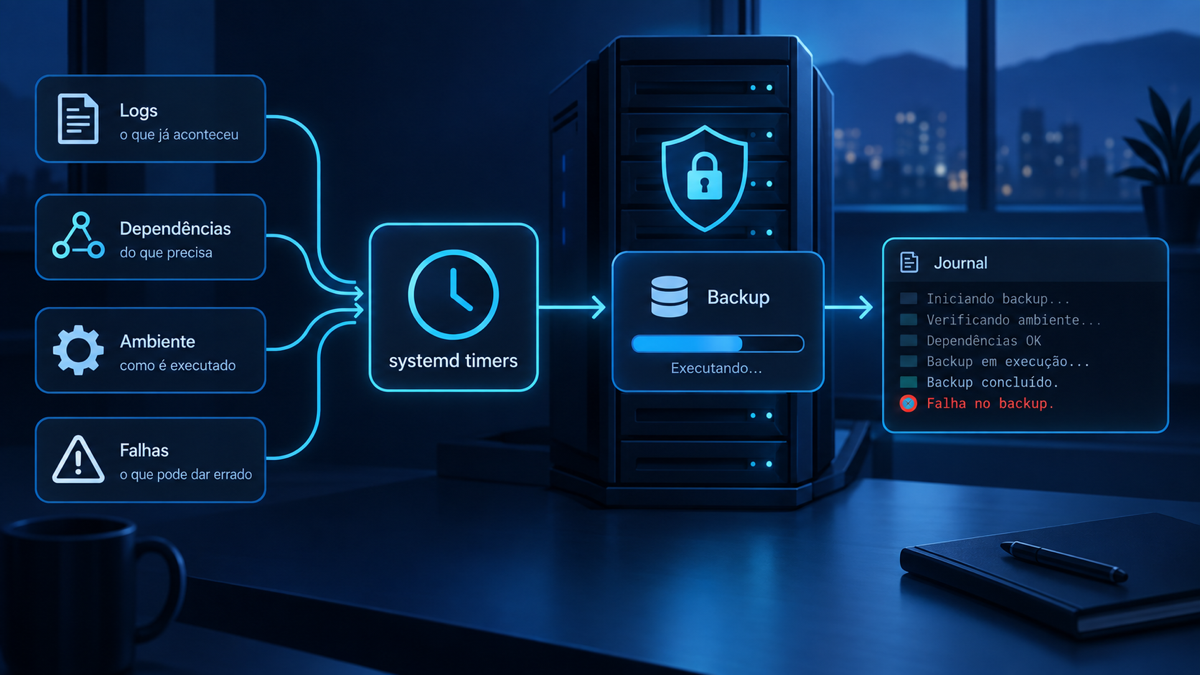 Ilustração técnica sobre Systemd timer ou cron: escolha para jobs