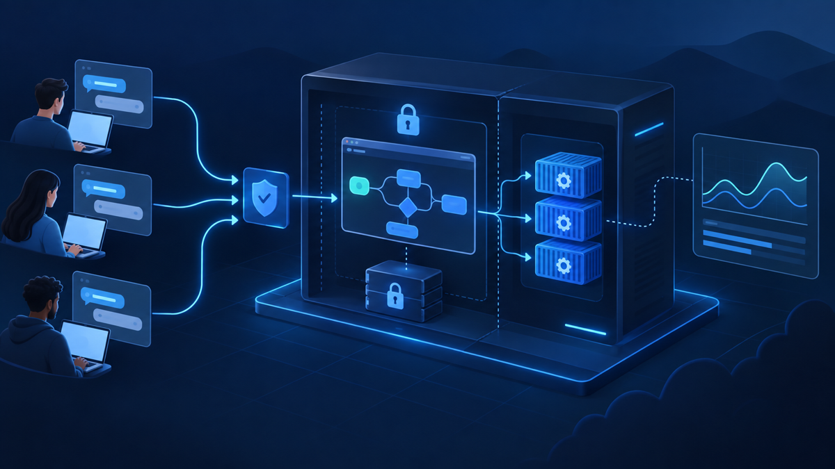 Ilustração técnica sobre Flowise em VPS: separar editor e runtime