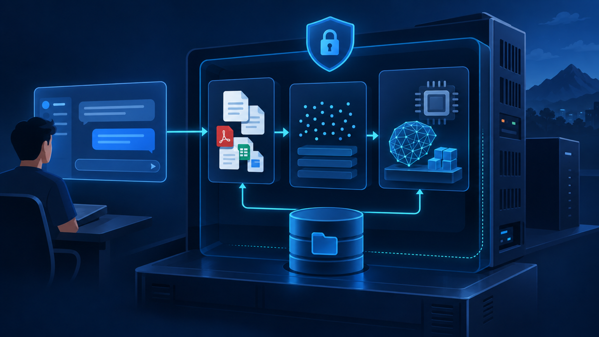 Ilustração técnica sobre AnythingLLM em VPS: dados e modelos separados