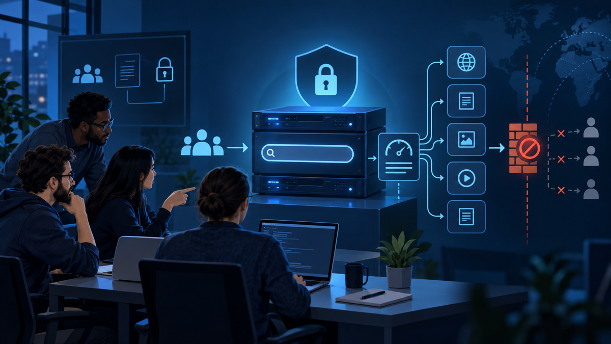 Ilustração técnica sobre SearXNG em VPS: busca privada com limites