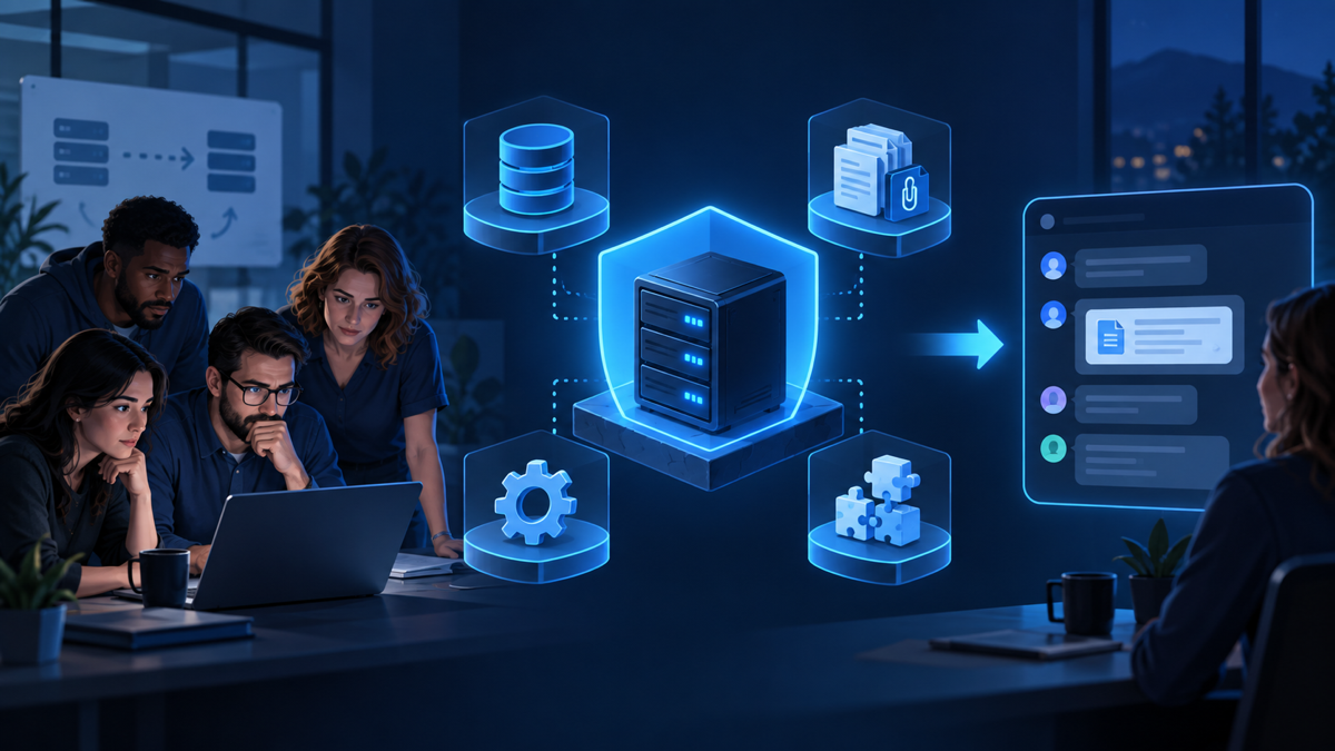 Ilustração técnica sobre Mattermost em VPS: mensagens e arquivos no backup