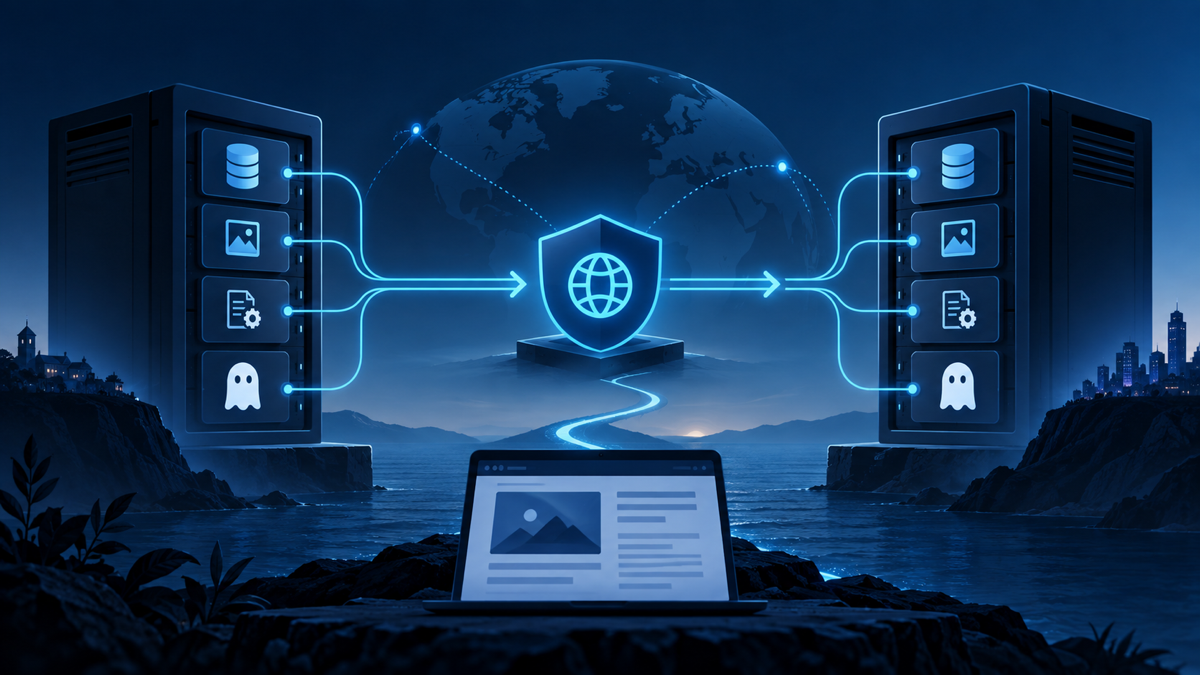 Ilustração técnica sobre Ghost em VPS: conteúdo com mídia recuperável