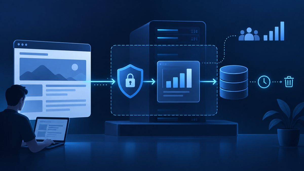 Ilustração técnica sobre Umami Analytics em VPS: métricas sem dados demais