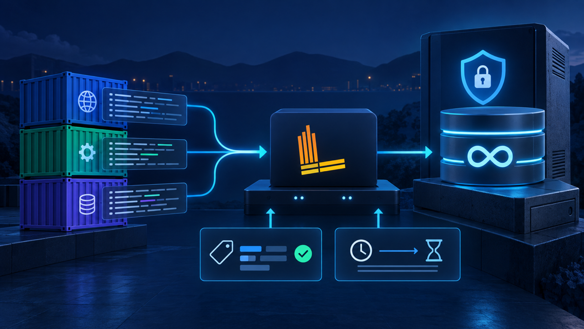 Ilustração técnica sobre Grafana Loki em VPS: logs com retenção