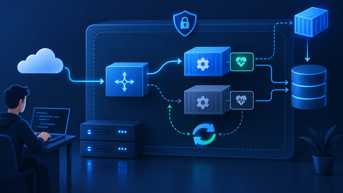 Ilustração técnica sobre Blue-green com Docker Compose: rollback rápido