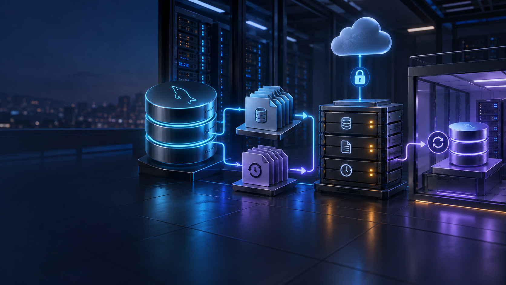 Ilustração técnica sobre MySQL em VPS: Backup Lógico, Binlogs e Restauração Verificável