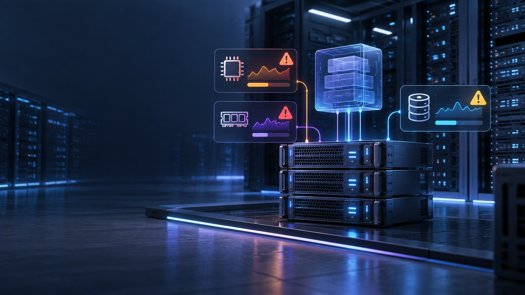Ilustração técnica sobre Alertas de VPS: CPU, Memória e Disco sem Ruído