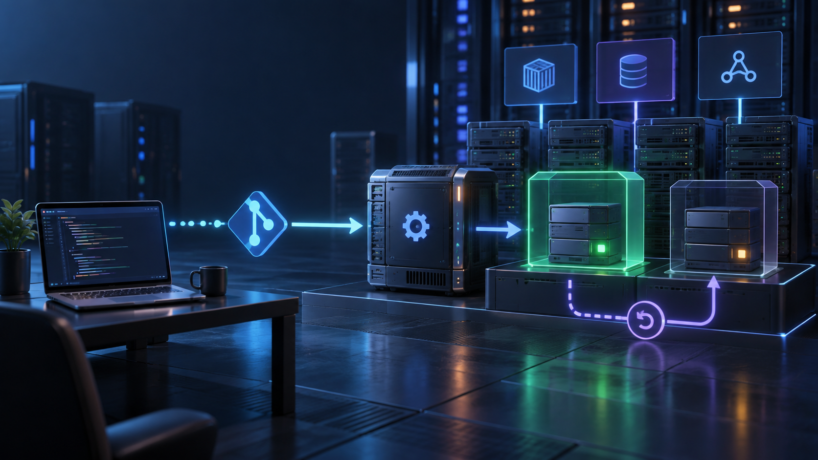 Ilustração técnica sobre Deploy por Git em VPS: Hook, Usuário e Rollback de Release
